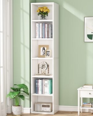 مكتبة زاوية بطول 1.80 متر، رف عرض عصري بـ 6 طبقات ضيقة على شكل مكعبات.