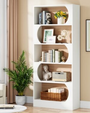 طاولة كتب خشبية بـ 5 طبقات، مكتبة بارتفاع 1.80 متر مع رفوف تخزين.