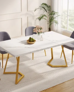 طاولة طعام مستطيلة بطول 1.40 متر، طاولة مطبخ بسطح رخامي صناعي.