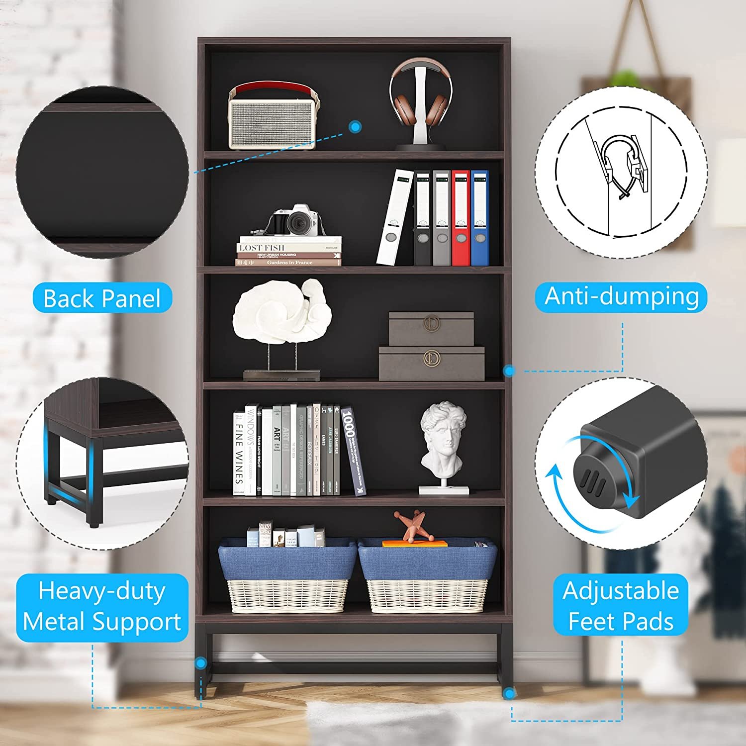 مكتبة بطول 1.80 متر مزودة بإضاءة، منظم كتب كبير مع 5 رفوف تخزين. - الصورة 5