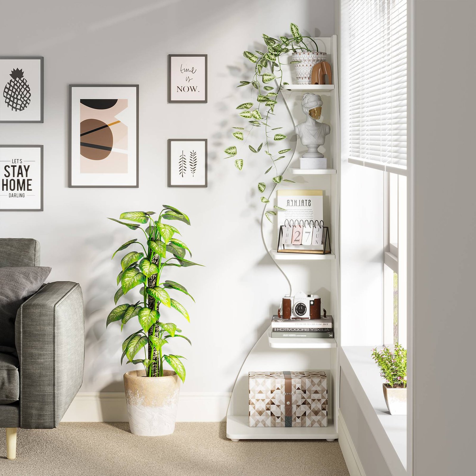 رف زاوية بـ 5 طبقات، مكتبة كتب عصرية لتزيين زوايا الحائط. - الصورة 6