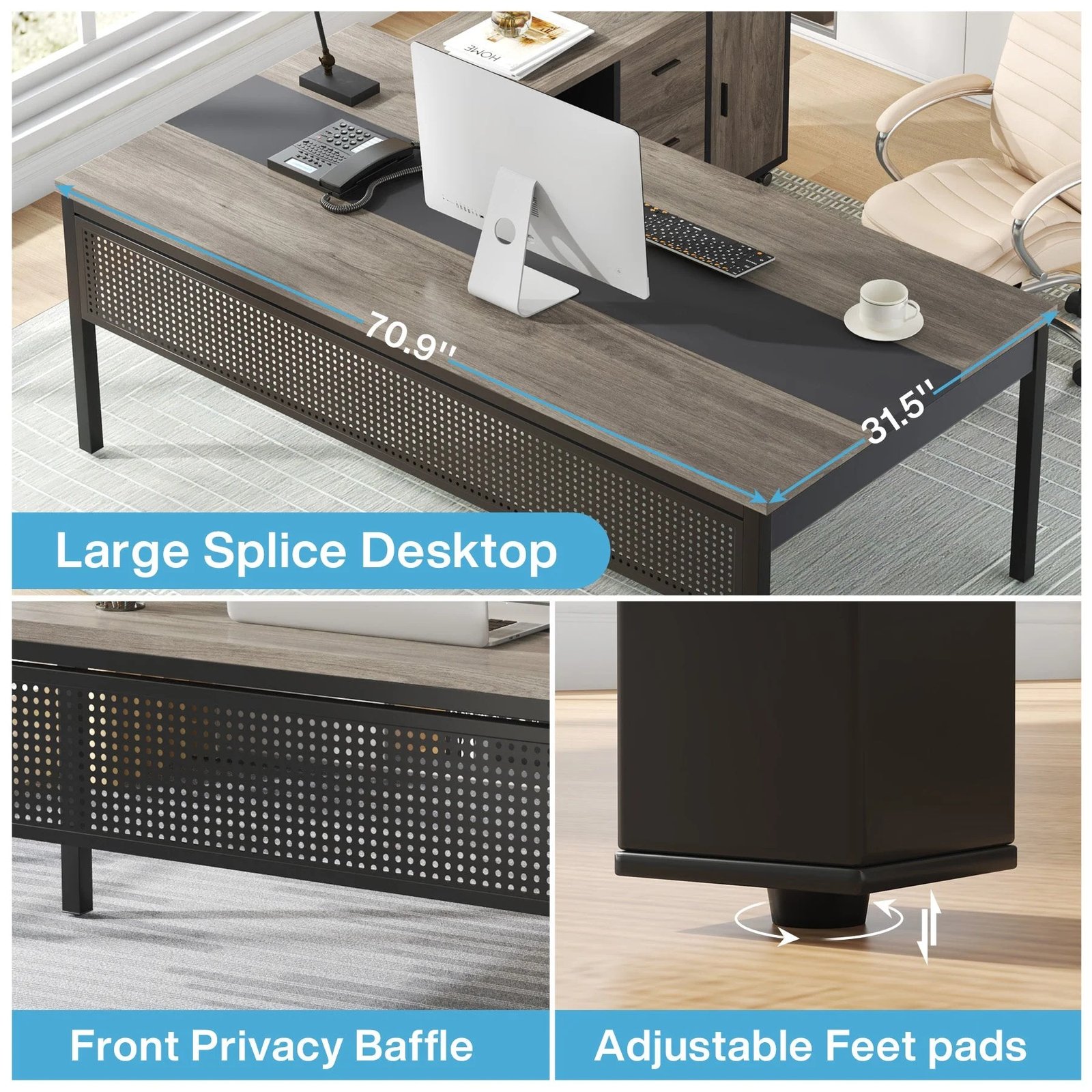 مكتب صناعي على شكل حرف L، مكتب تنفيذي بطول 1.80 متر مع خزانة ملفات متحركة بطول 1.20 متر. - الصورة 3