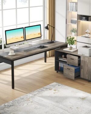 مكتب صناعي على شكل حرف L، مكتب تنفيذي بطول 1.80 متر مع خزانة ملفات متحركة بطول 1.20 متر.