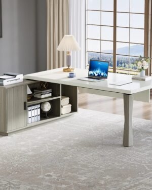 طاولة مكتب على شكل حرف L كبيرة، مكتب تنفيذية بطول 71 بوصة مع خزانة