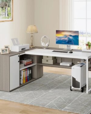 مكتب كبير على شكل حرف L، مكتب تنفيذي بطول 1.80 متر مع أرفف وخزانة.